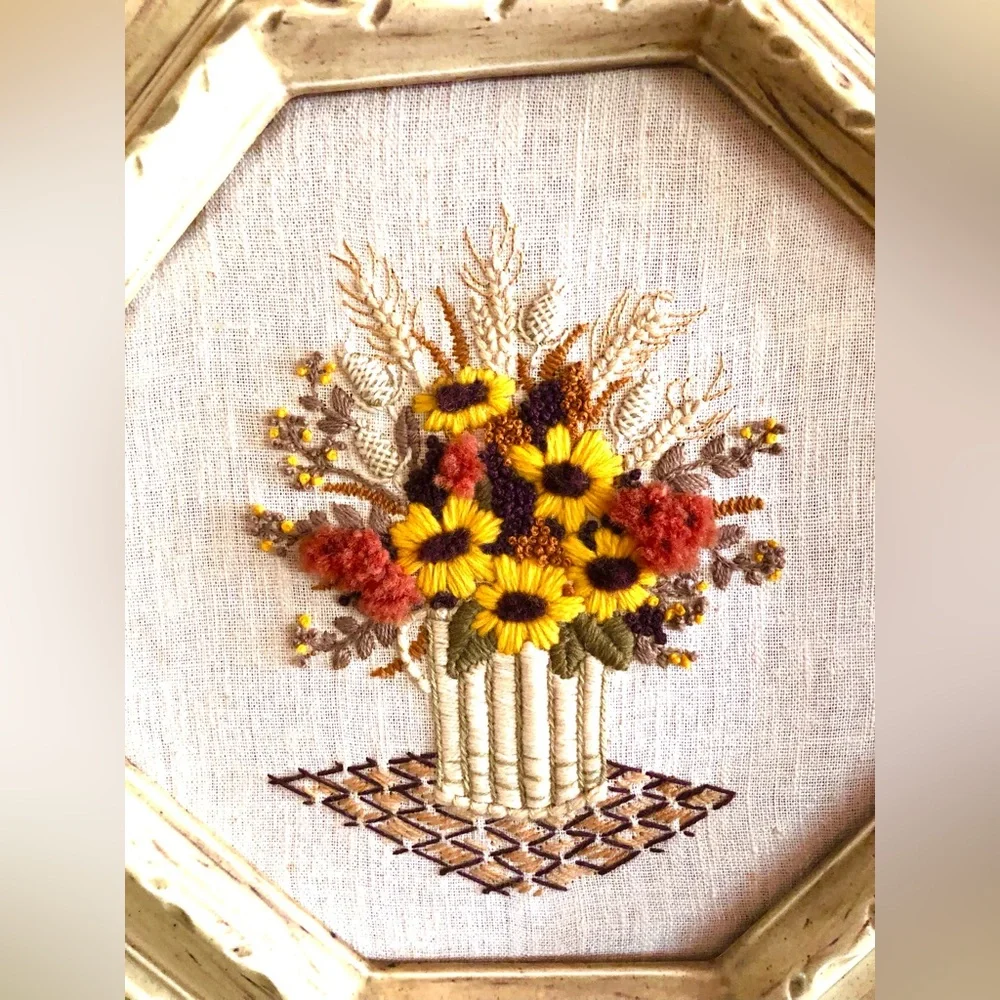 11047 Mid Century Boho Hand Worked Floral Crewelwork in Octagon Ceramic Frame